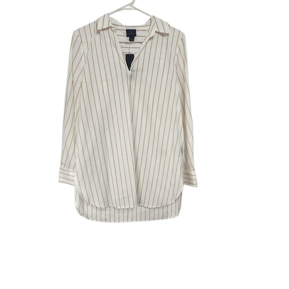 Worthington Womens Striped Button Down Long‎ Sleeve Tan Size S